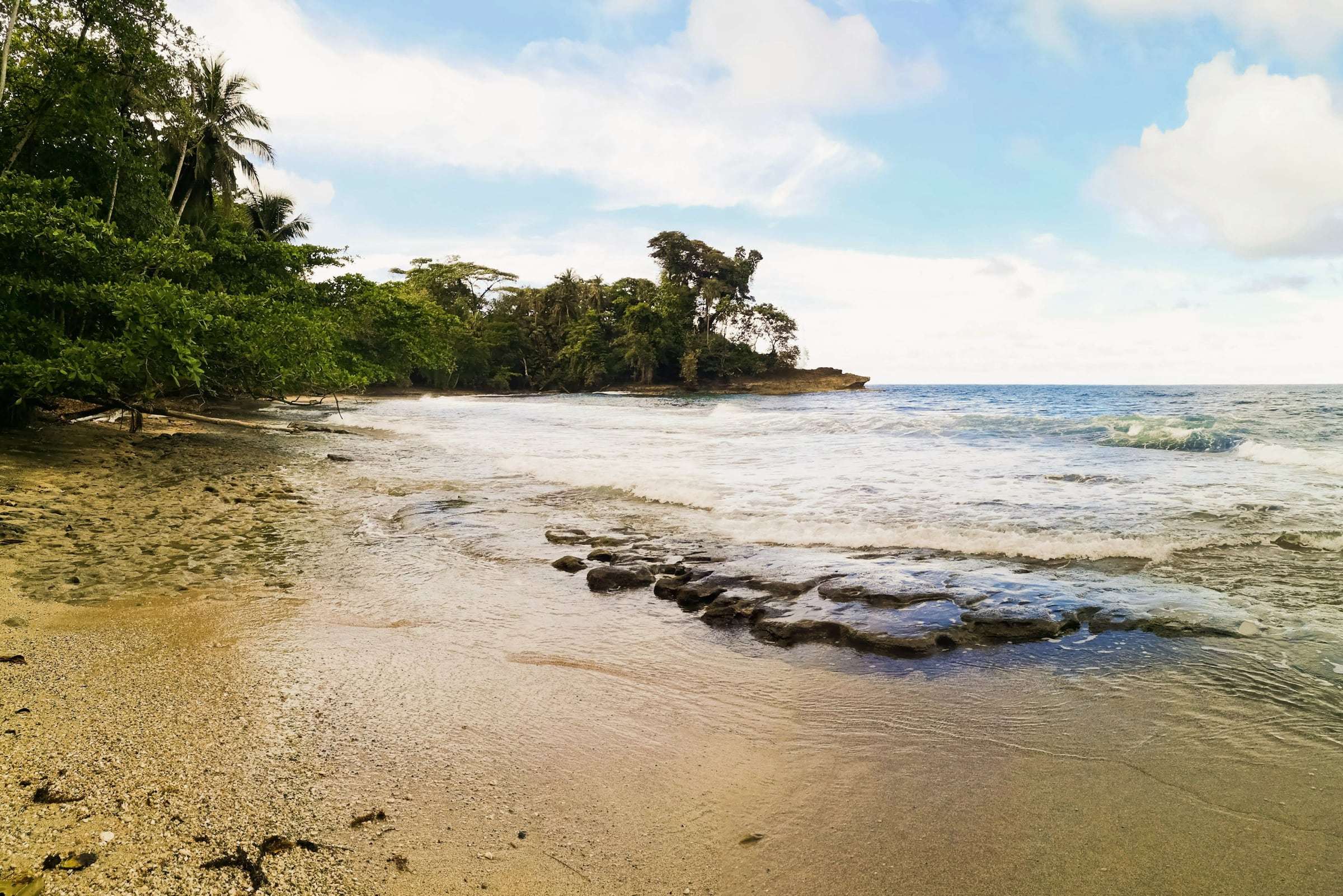 Golden-sand beach at Punta Mona, with low reef rocks in the shallows and a jungle-covered point beyond